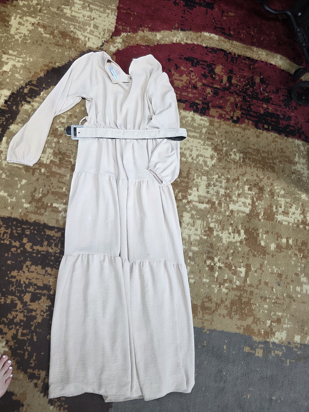 Flowing Cream Tiered Maxi Dress with Waist Tie